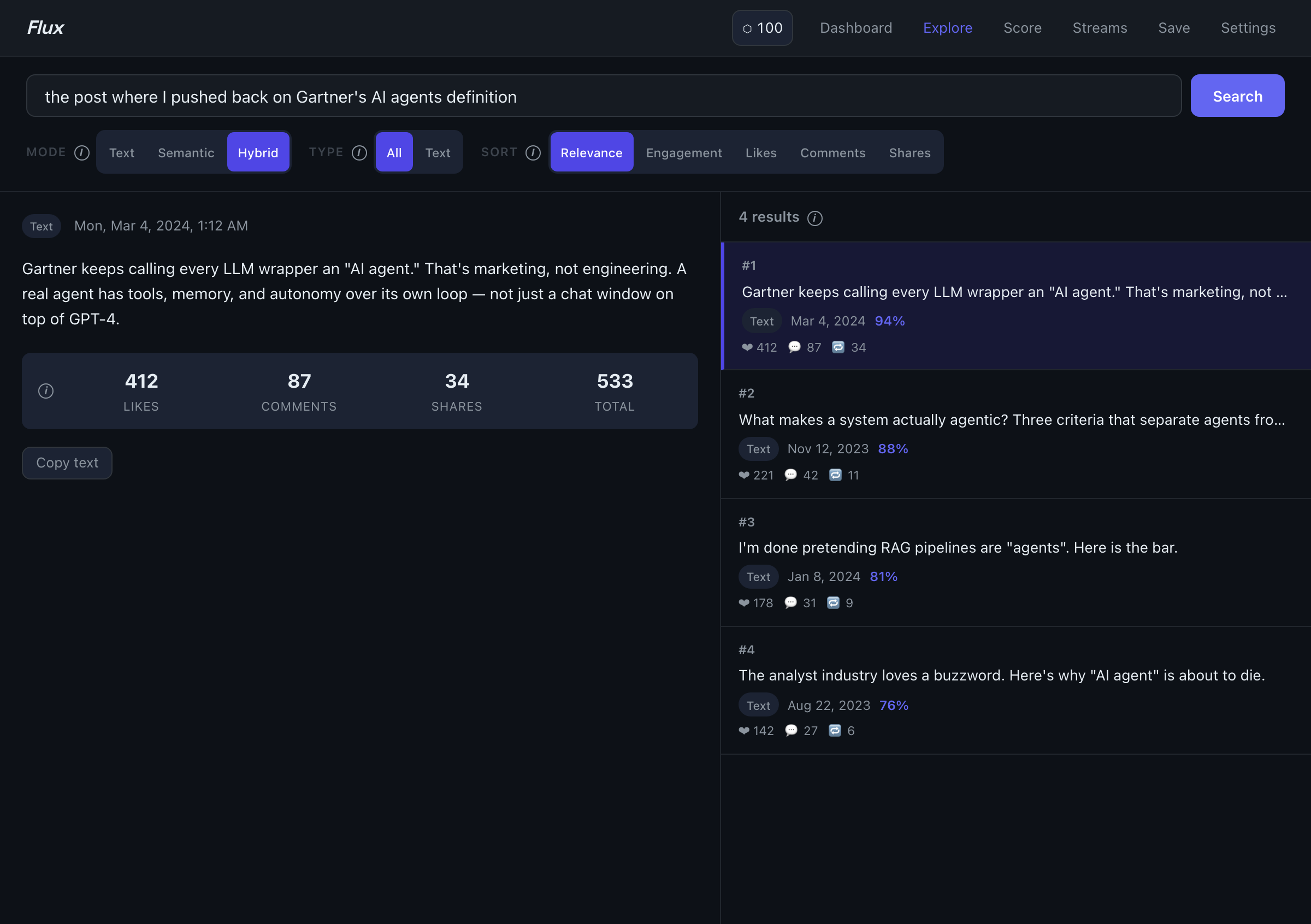 Flux Explore page showing full search results with find-similar panel
