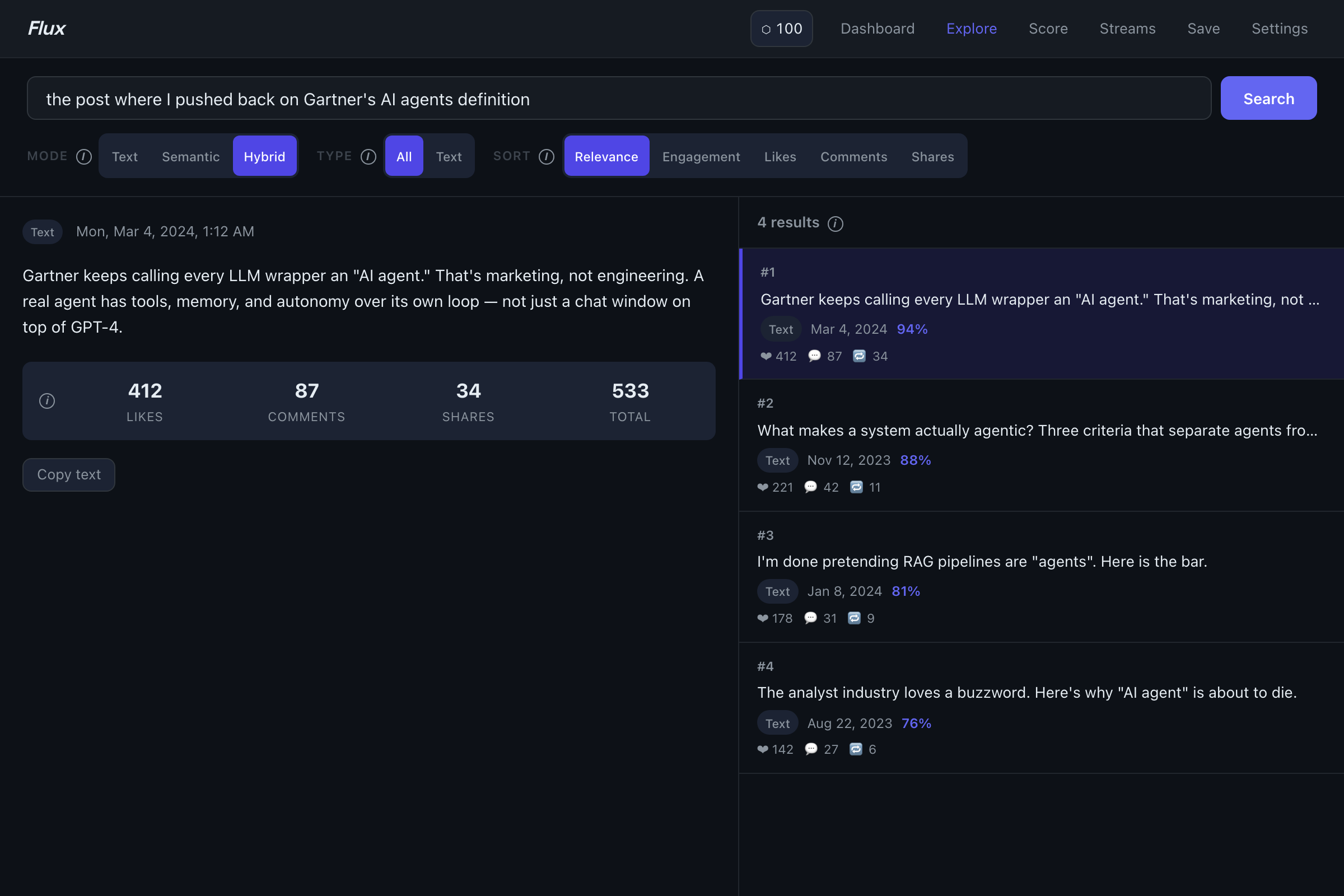 Flux Explore page: a search query for posts about Gartner's AI agents definition shows a split view — the top-ranked post on the left, four ranked search results on the right with similarity scores