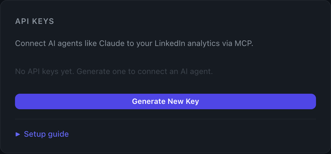 Flux Settings page, API Keys section with a 'Generate New Key' button and a collapsed Setup guide